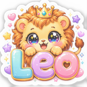 Sticker Mignon Kawaii Leo Lion Nom Couronne Rose Pastel Ét