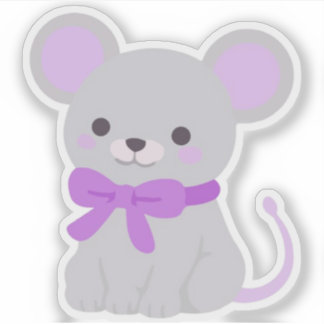 Sticker Mignon Kawaii Souris Grise Assise Ruban Violet Vin