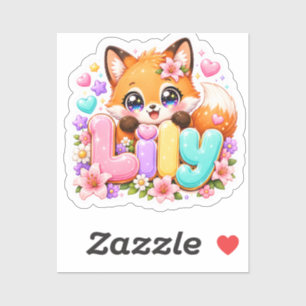 Sticker Mignon Lily Fox Nom Pastel Rose Floral Bois