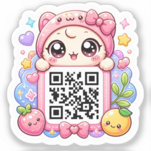 Sticker Mignon personnage de code QR rose Kawaii floral pa