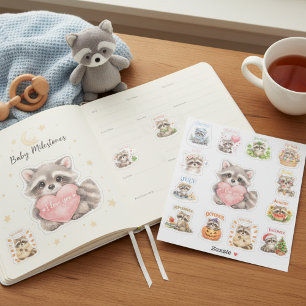 Sticker Mignon Raton laveur Chibi Aquarelle Jalon Mensuel