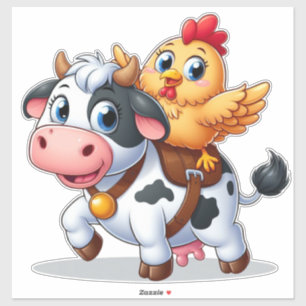 Sticker mignon vache/poulet caricature