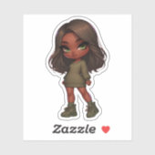 Sticker mignonne chibi fille en vert olive (Feuille)