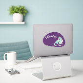 Sticker Mignonne chien, violet et aqua, "Jouons !" (Ordinateur portable sur le bureau)