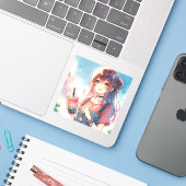 Sticker Mignonne fille Anime tenant un Boba Tea (Ordinateur portable avec iPhone)