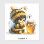 Sticker Mignonne fille en costume d'abeille avec miel (Feuille)