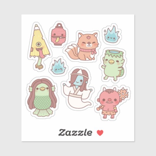 Sticker Mignonne Japonaise Yokai Démons Et Esprits (Feuille)