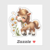 Sticker Mignonne Pony Mange Manger Des Marguerites (Feuille)