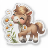 Sticker Mignonne Pony Mange Manger Des Marguerites (Devant)