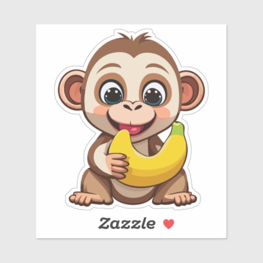Sticker Mignonne Singe Bébé Avec Sa Banane De Repas Préfér (Feuille)
