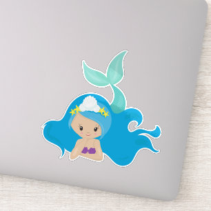 Sticker Mignonne Sirène, Cheveux Bleu, Petite Sirène, Épis