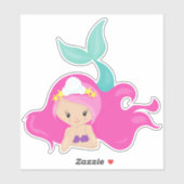 Sticker Mignonne Sirène, Cheveux Rose, Petite Sirène, Épée (Feuille)