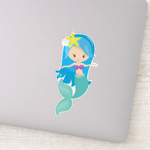 Sticker Mignonne Sirène, Petite Sirène, Cheveux Bleu, Épis