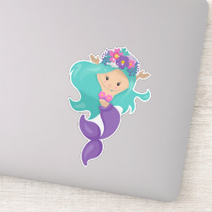 Sticker Mignonne Sirène, Petite Sirène, Cheveux Bleu, Fleu