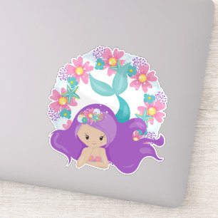 Sticker Mignonne Sirène, Petite Sirène, Cheveux Violet, Fl