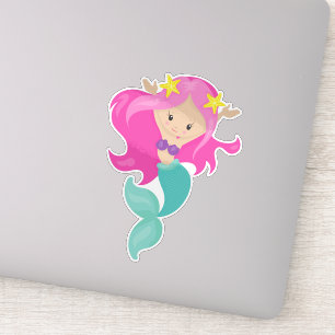 Sticker Mignonne Sirène, Petite Sirène, Épée, Cheveux Rose
