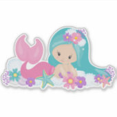 Sticker Mignonne Sirène, Petite Sirène, Fleurs, Cheveux Bl (Devant)
