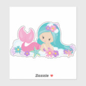 Sticker Mignonne Sirène, Petite Sirène, Fleurs, Cheveux Bl (Feuille)