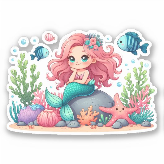 Sticker Mignonne Sirène Whimsical Et Les Amis Du Poisson S (Devant)