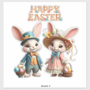Sticker Mignonne, Whimsical Joyeuse Pâques avec 2 lapins