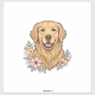 Sticker Modèle de gravure vintage floral Golden Retriever_
