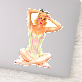 Sticker Modèle vintage Blonde Pin-up dans le corset de poi