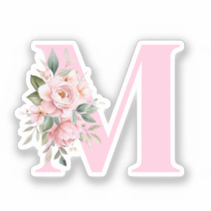 Sticker Moderne Élégant rose Floral Nom initial Monogramme