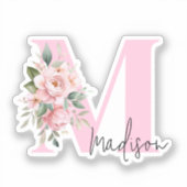 Sticker Moderne Élégant rose Floral Nom initial Monogramme (Recto)