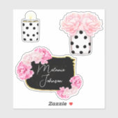 Sticker Moderne Fancy Féminin Mignon Rose Points Noirs Flo (Feuille)