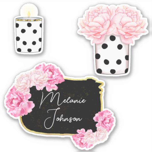 Sticker Moderne Fancy Féminin Mignon Rose Points Noirs Flo (Devant)