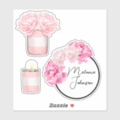 Sticker Moderne Fancy Fille mignonne Pink Stripes Floral (Feuille)
