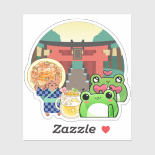 Sticker Moment doux au sanctuaire avec chat et grenouilles
