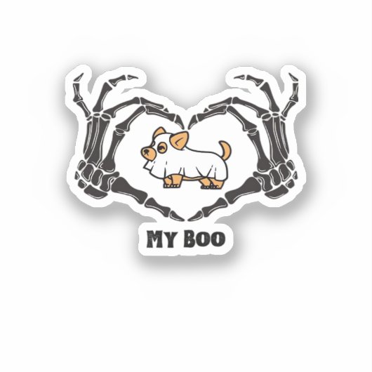 Sticker Mon Costume Boo Chihuahua Avec Mains Coeurs Squele (Recto)