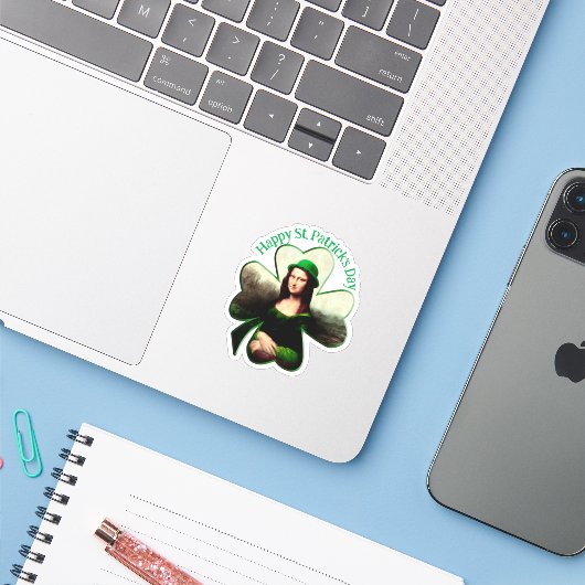 Sticker Mona Lisa St. Patrick's Day Clover (Ordinateur portable avec iPhone)