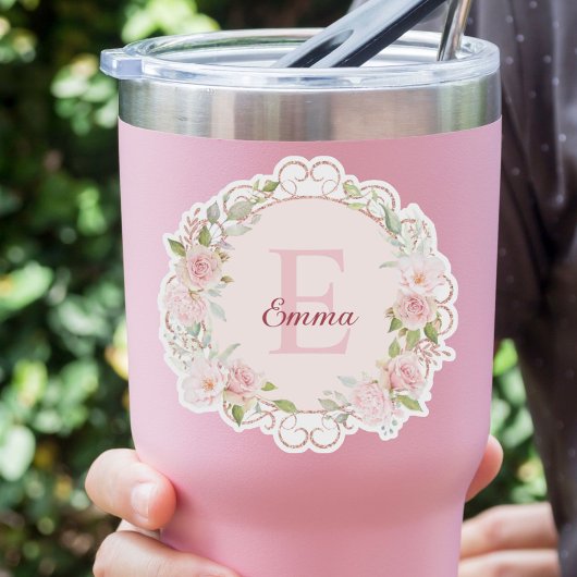 Sticker Monogram Watercolor Blush Pink Rose Flowers Floral