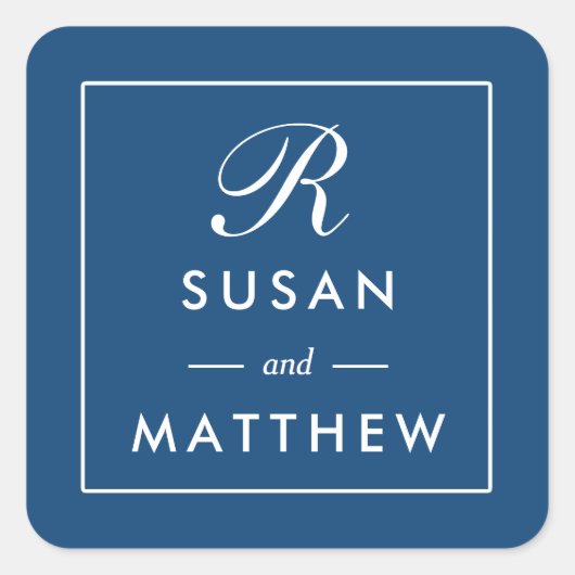 Sticker Monogramme à bordure mince classique, bleu (Devant)