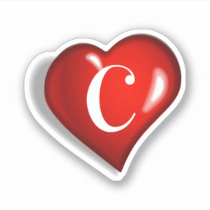 Sticker Monogramme C, imprimé blanc sur coeur rouge rubis