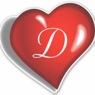 Sticker Monogramme D, imprimé blanc sur coeur rouge rubis