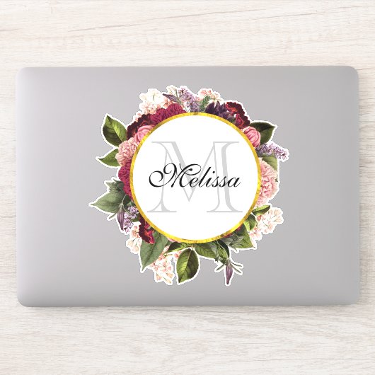 Sticker Monogramme de Bourgogne rose et fleurs vertes (Ordinateur)