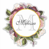 Sticker Monogramme de Bourgogne rose et fleurs vertes (Devant)