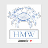 Sticker Monogramme de crabe bleu et blanc côtier (Feuille)