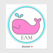 Sticker Monogramme de Preppy Nautical Pink et Aqua Whale (Feuille)
