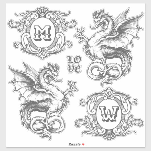 Sticker Monogramme Imaginaire Dragon Médiéval Cadres Ornat (Feuille)