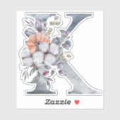 Sticker Monogramme K Aquarelle Bleu Floral Initial K (Feuille)
