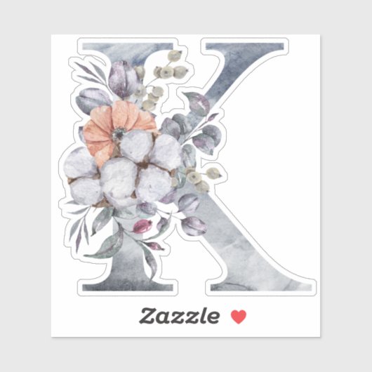 Sticker Monogramme K Aquarelle Bleu Floral Initial K (Feuille)