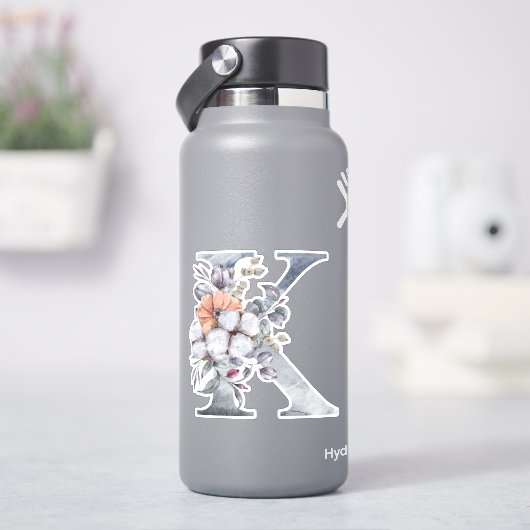 Sticker Monogramme K Aquarelle Bleu Floral Initial K (HydroFlask)
