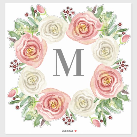 Sticker Monogramme M Mariage Aquarelle Rose Floral Wreath (Feuille)