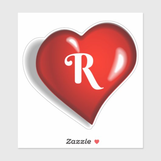 Sticker Monogramme R, script blanc sur coeur rouge rubis (Feuille)