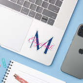 Sticker Monogramme rose et bleu marine (Ordinateur portable avec iPhone)