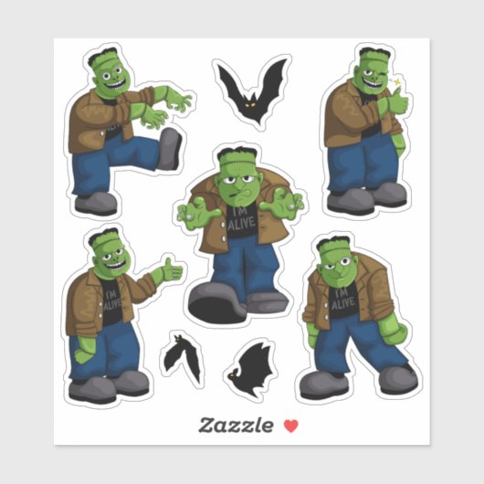 Sticker Monstre de Frankenstein vert drôle, dessin animé e (Feuille)